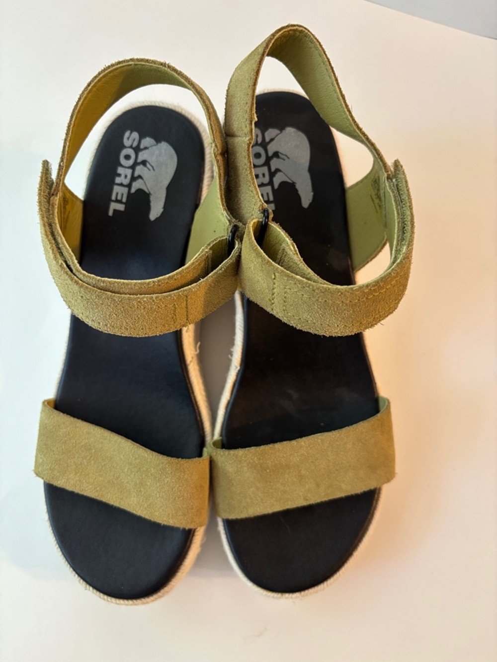 Sorel Wedge Sandals Cameron Olive Green Sea Salt Suede Velcro Sandals